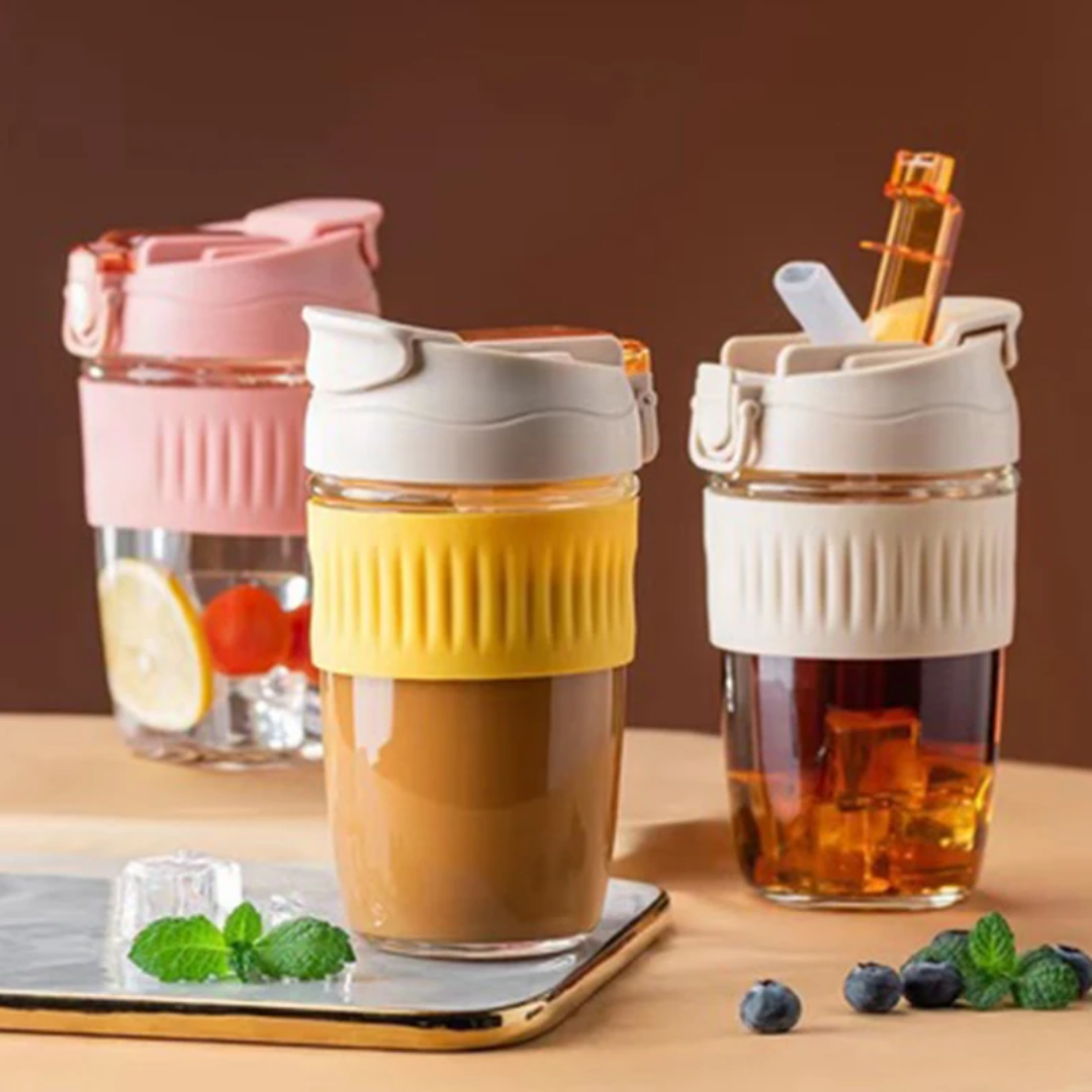 Portable Glass Water Bottle with Straw & Leak-Proof Lid – 350ml