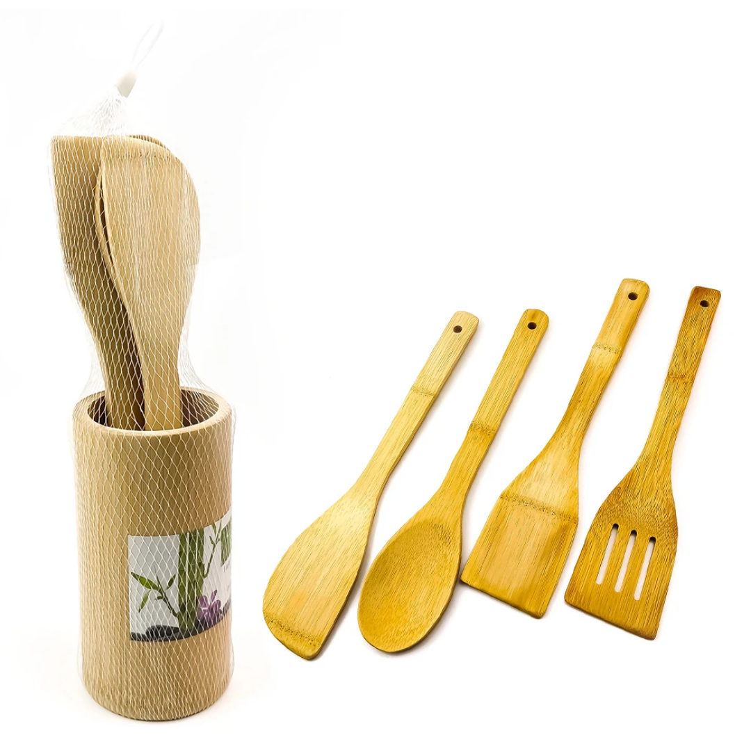 Home Centre Davos Bamboo 4 Piece Utensil Set with Holder - Brown