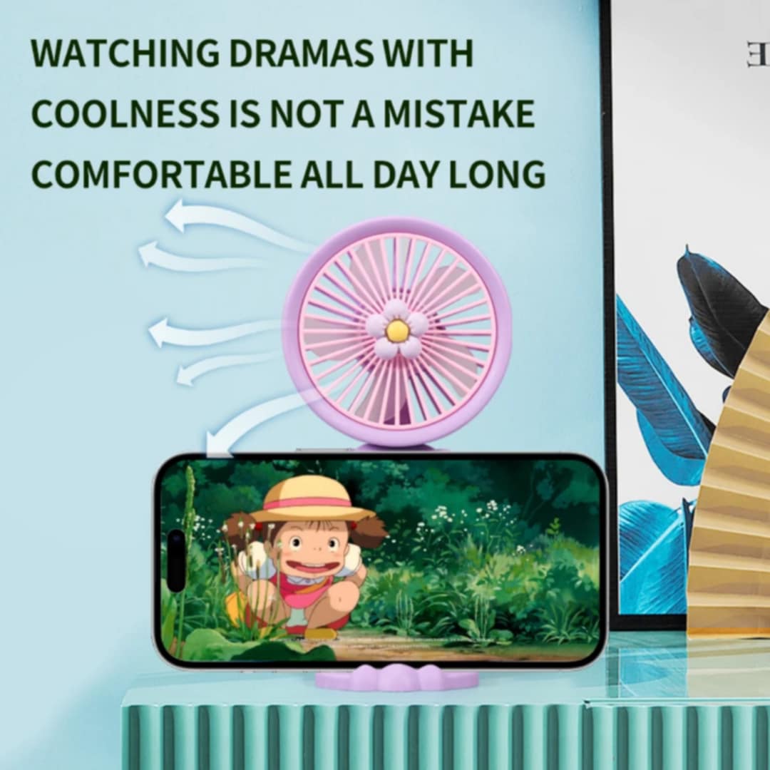 Mini Flower USB Rechargeable Handheld Fan – 3 Speed with Phone Holder