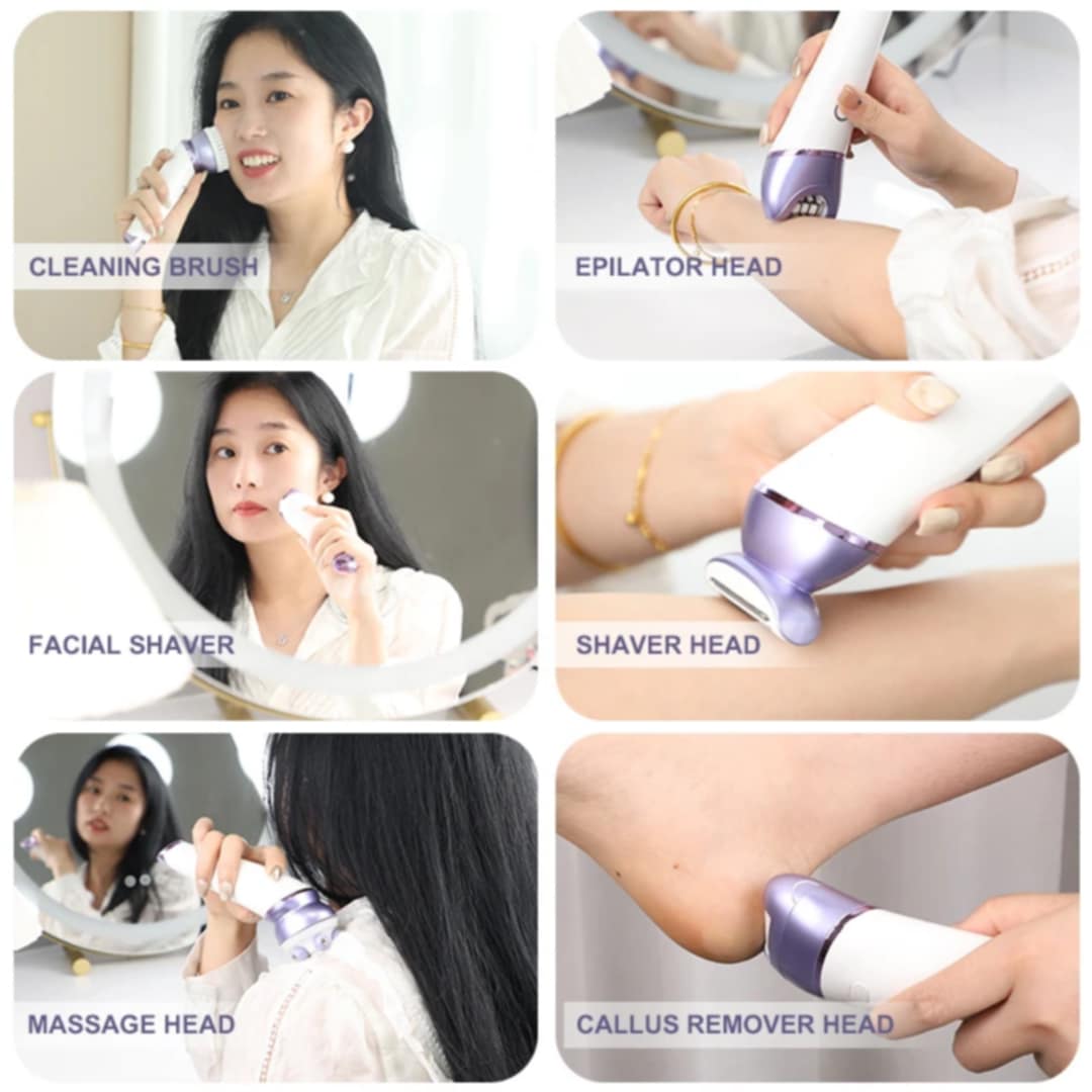 DENX 6-in-1 Smooth Glide Epilator for Womenr Hair Removal, Wet & Dry Electric Hair Remove Device with LED Light, Portable Electric Shaver, Women's Hair Removal Machine, DX1377