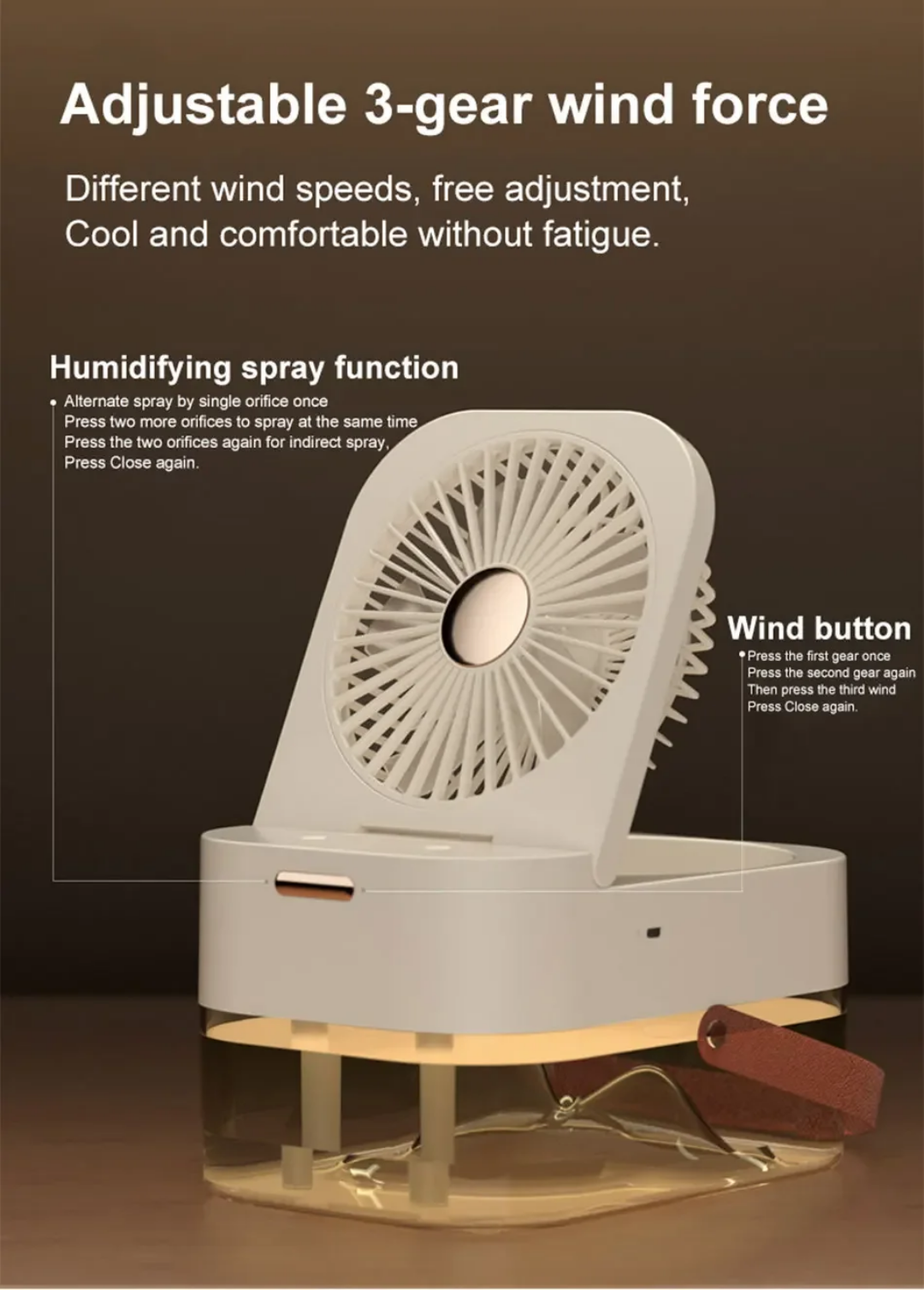 Portable Mini Humidifier Fan, 3 Speed Small Desktop Humidifier Fan 2.5L ABS and PP Water Tank Type C Remote Control DC 5V for Home