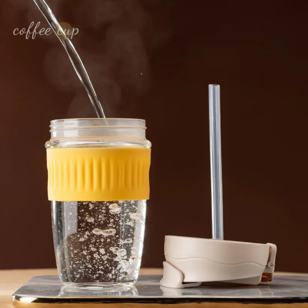 Portable Glass Water Bottle with Straw &amp; Leak-Proof Lid – 350ml