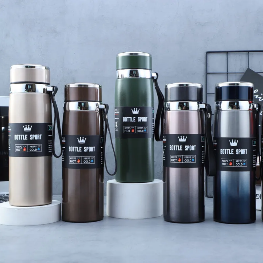 Sports Stainless Steel Vacuum Flask – Hot & Cold Thermal Bottle with Strap, 1000ml