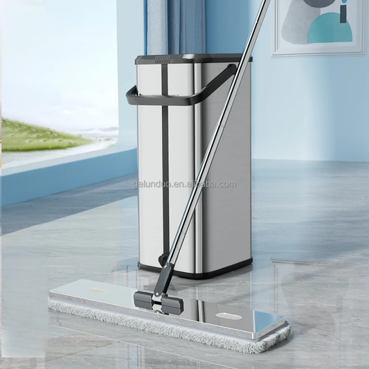 Flat Mop and Bucket for Home with 4 Extra Refills, Silver Stainless Steel Mop and Bucket with Wringer, Hands-Free Mop, Wet and Dry Use Mop with Long Handle