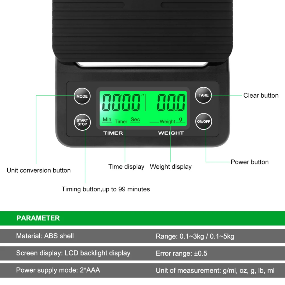 Coffee Scale with Timer, Pour Over Coffee Espresso Scale, High Precision Kitchen Electronic Scales for Coffee Brewing, with LCD Display(Black)