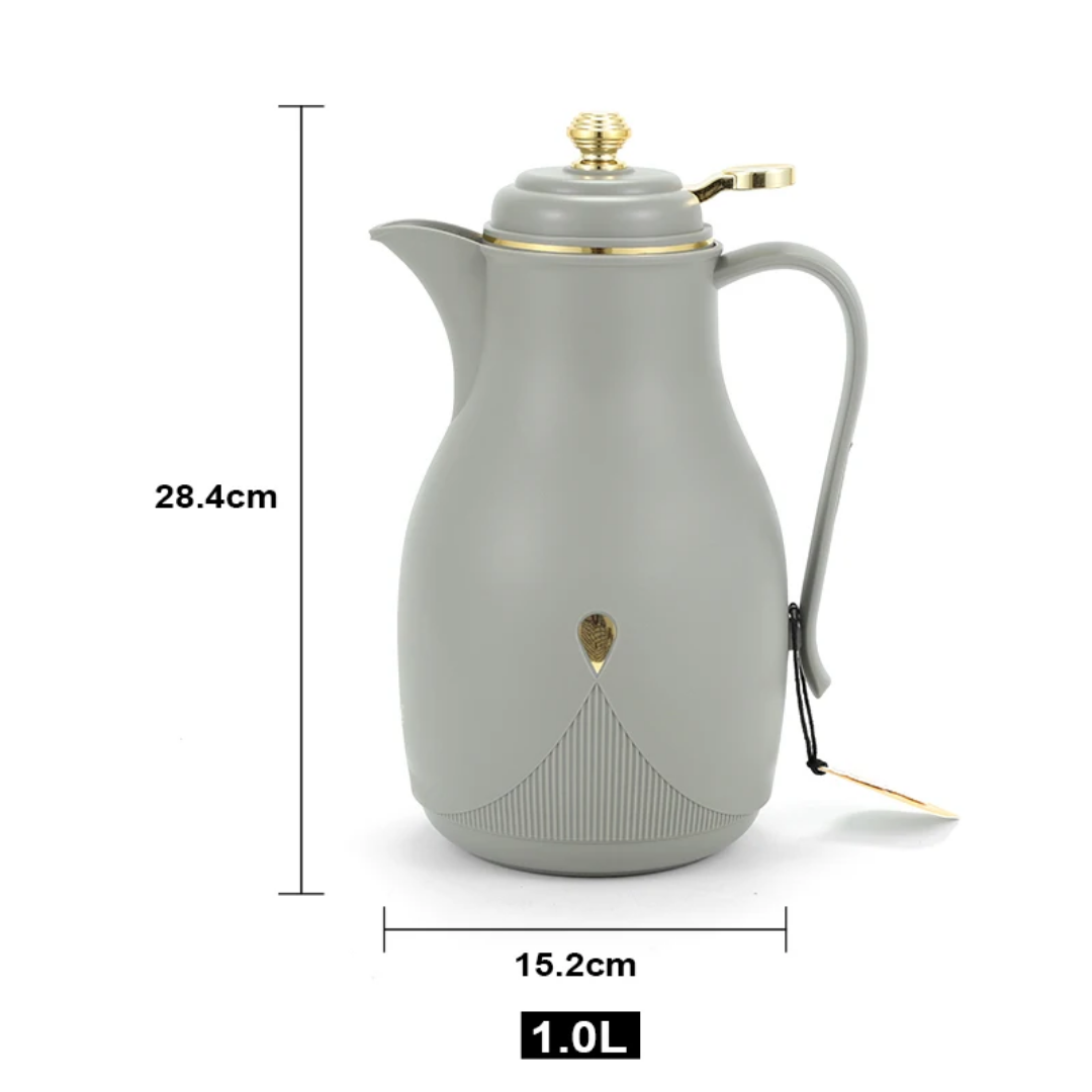 Cuisine Art Feenik 1L Double Wall Vacuum Flask - Stylish Design with Pink Glass Inner, Portable & Durable PP Outer Body, Comfortable Handle - Ideal for Hot or Cold Drinks - Grey