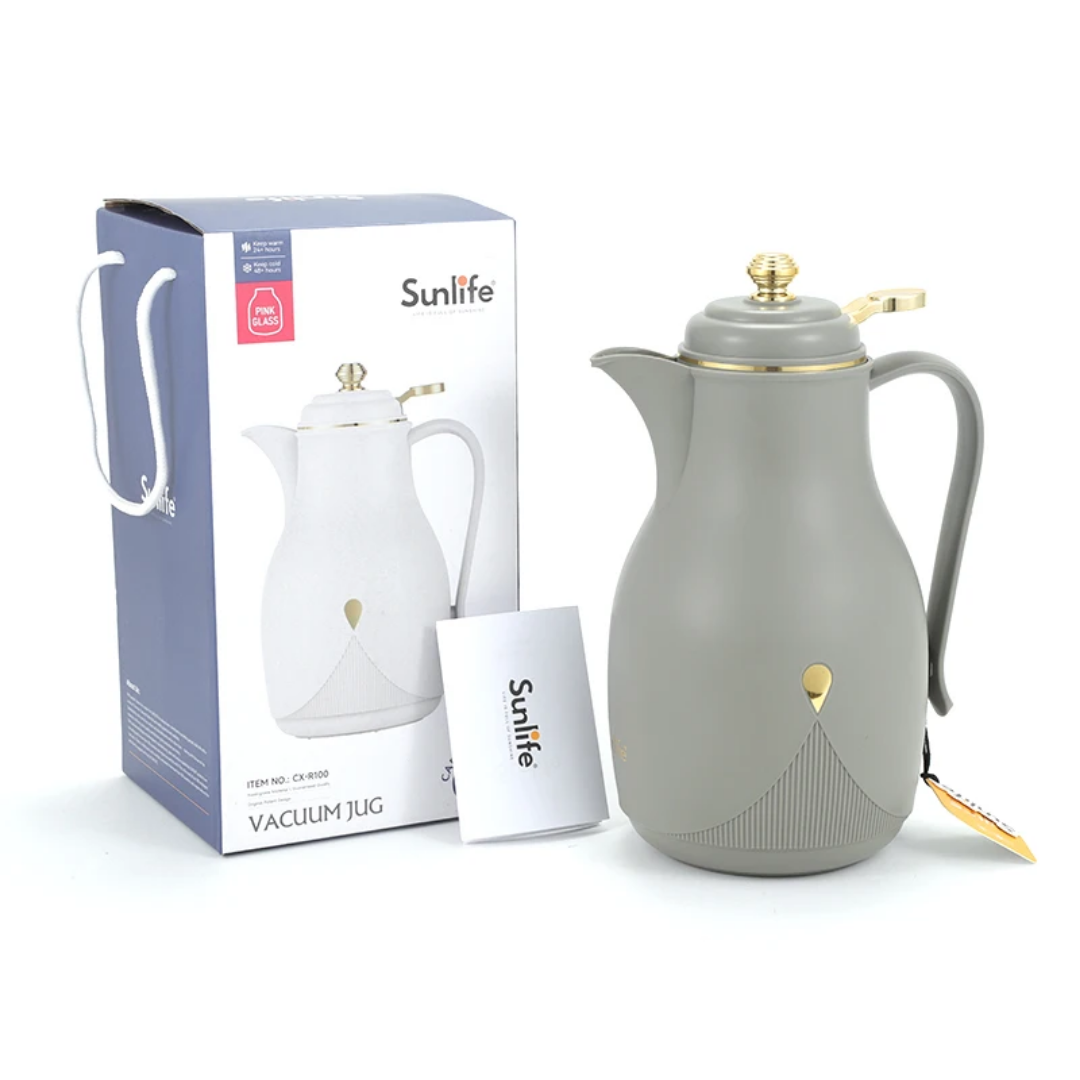Cuisine Art Feenik 1L Double Wall Vacuum Flask - Stylish Design with Pink Glass Inner, Portable & Durable PP Outer Body, Comfortable Handle - Ideal for Hot or Cold Drinks - Grey