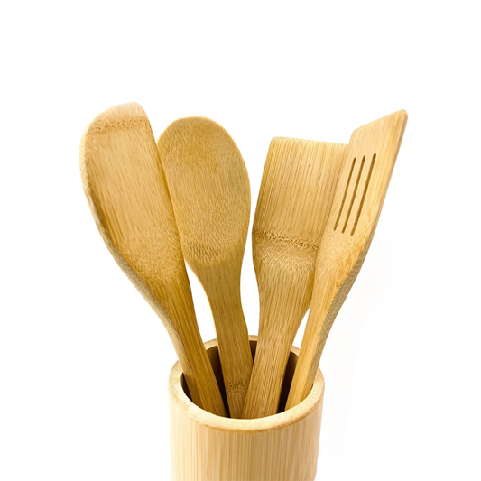 Home Centre Davos Bamboo 4 Piece Utensil Set with Holder - Brown