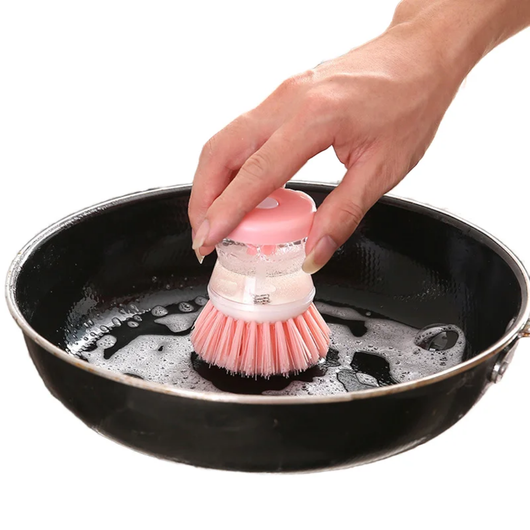 Soap Dispensing Palm Brush Scrubber with Comfort Grip Handle | Dish Brush with Soap Dispenser for Pot Pan Sink Cleaning | Simple Press Button Dispensing Ensures No Leaking (Green)