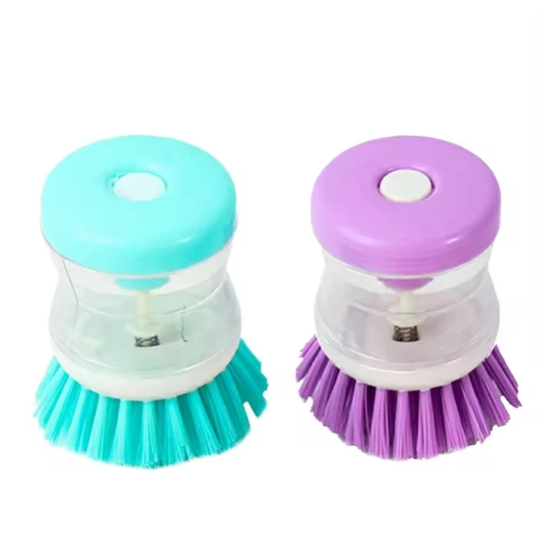 Soap Dispensing Palm Brush Scrubber with Comfort Grip Handle | Dish Brush with Soap Dispenser for Pot Pan Sink Cleaning | Simple Press Button Dispensing Ensures No Leaking (Green)