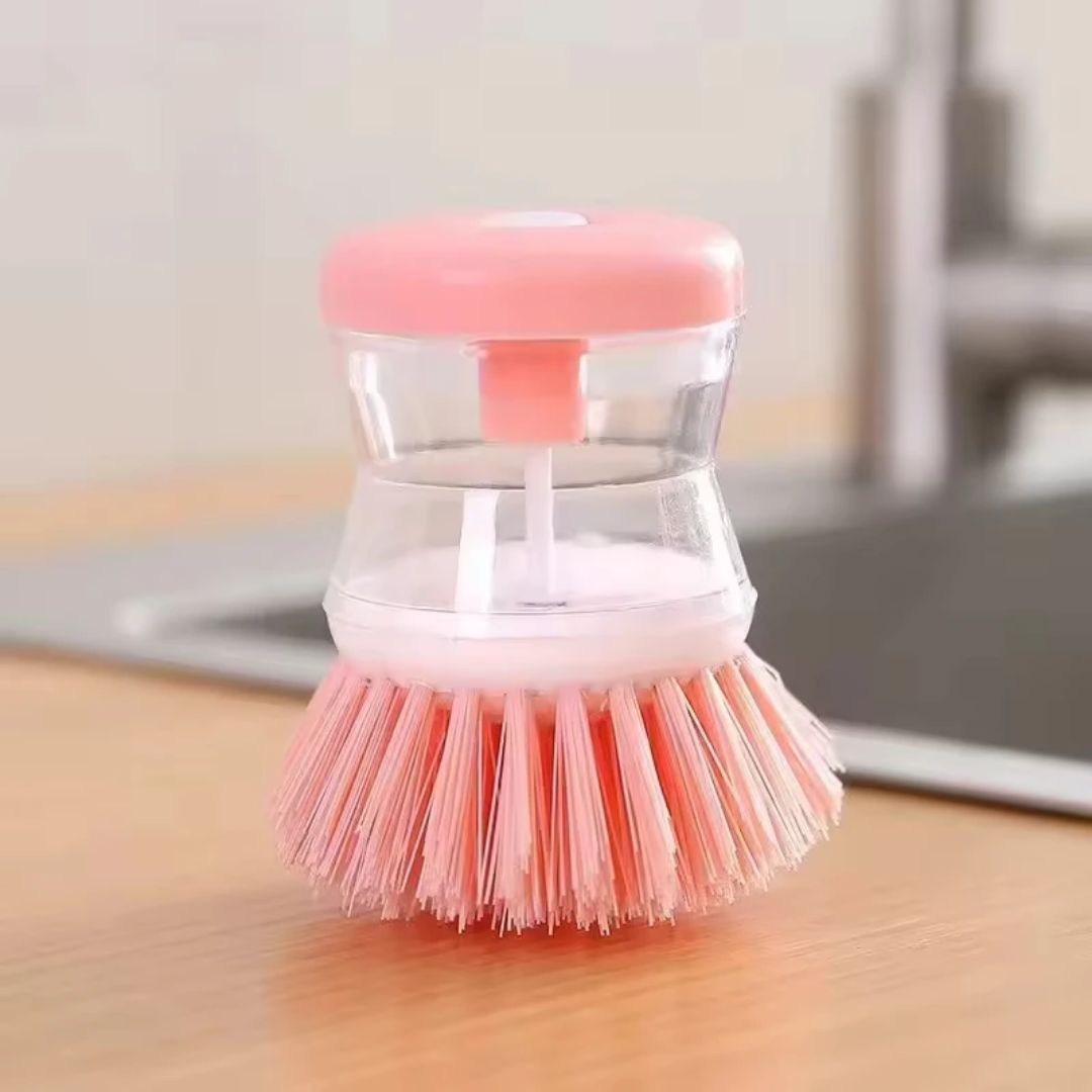 Soap Dispensing Palm Brush Scrubber with Comfort Grip Handle | Dish Brush with Soap Dispenser for Pot Pan Sink Cleaning | Simple Press Button Dispensing Ensures No Leaking (Green)
