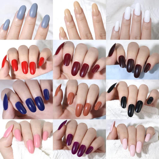 12 Colors Matte & Glossy Press-On Nails Set – Long Oval Design, Reusable, Easy to Apply
